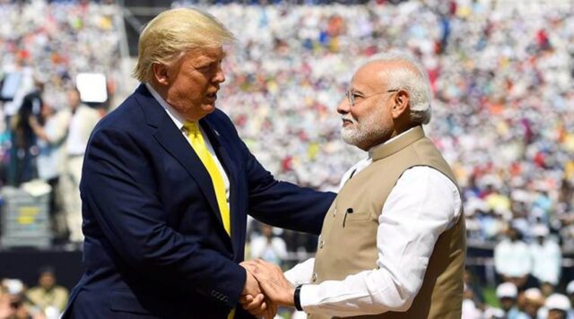 Prime Minister Narendra Modi shakes hand with US President Donald Trump during the Namaste Trump event