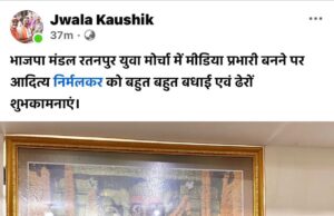 आदित्य निर्मलकर भाजपा युवा मोर्चा के मंडल मिडिया प्रभारी बने