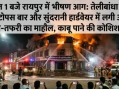 रायपुर के तेलीबांधा में आधी रात भीषण अग्निकांड, ऑक्टोपस बार और सुंदरानी हार्डवेयर में लगी आग से मची अफरा-तफरी
